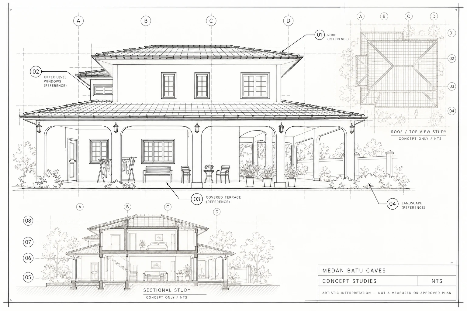 Artistic architectural line study of the Medan Batu Caves corner house