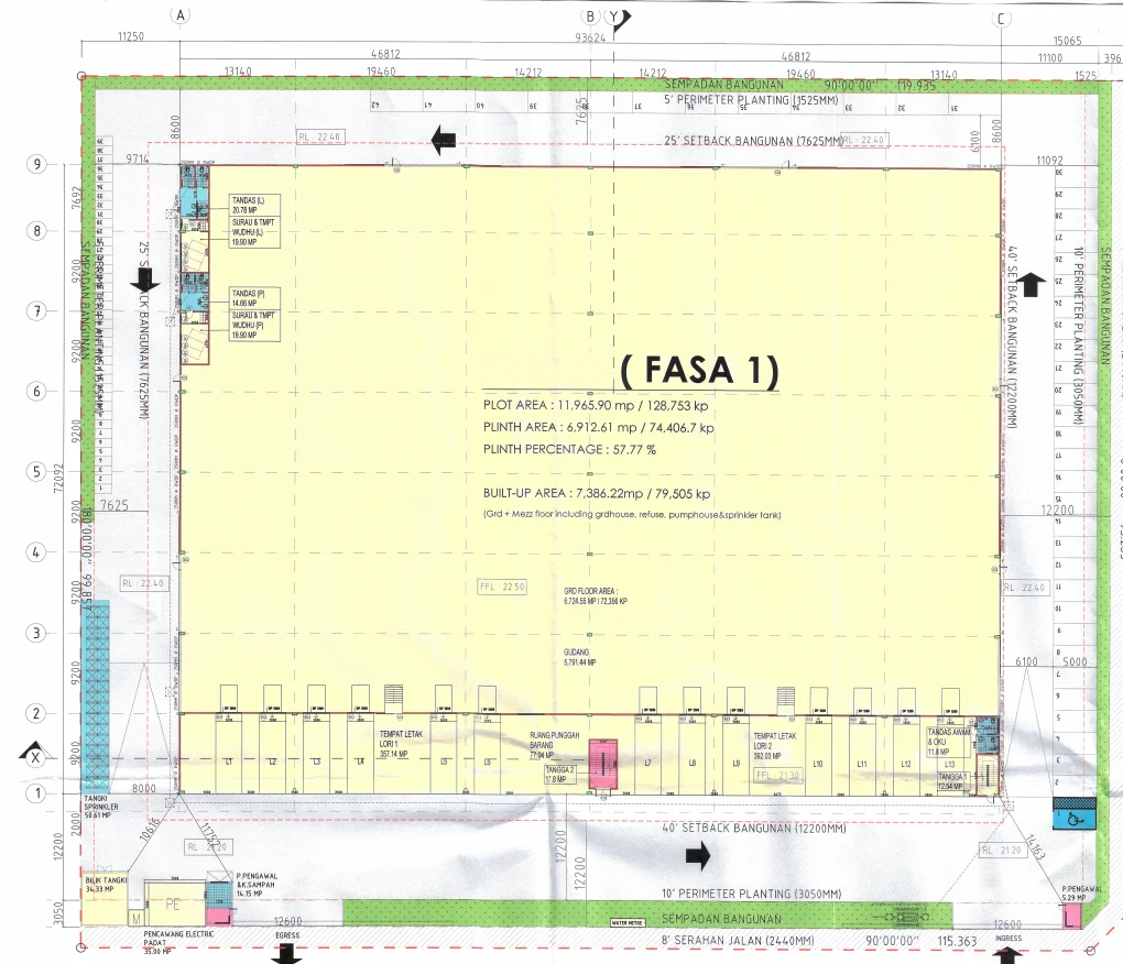 KDG-01 ground-floor drawing from the supplied plan, including warehouse and loading layout